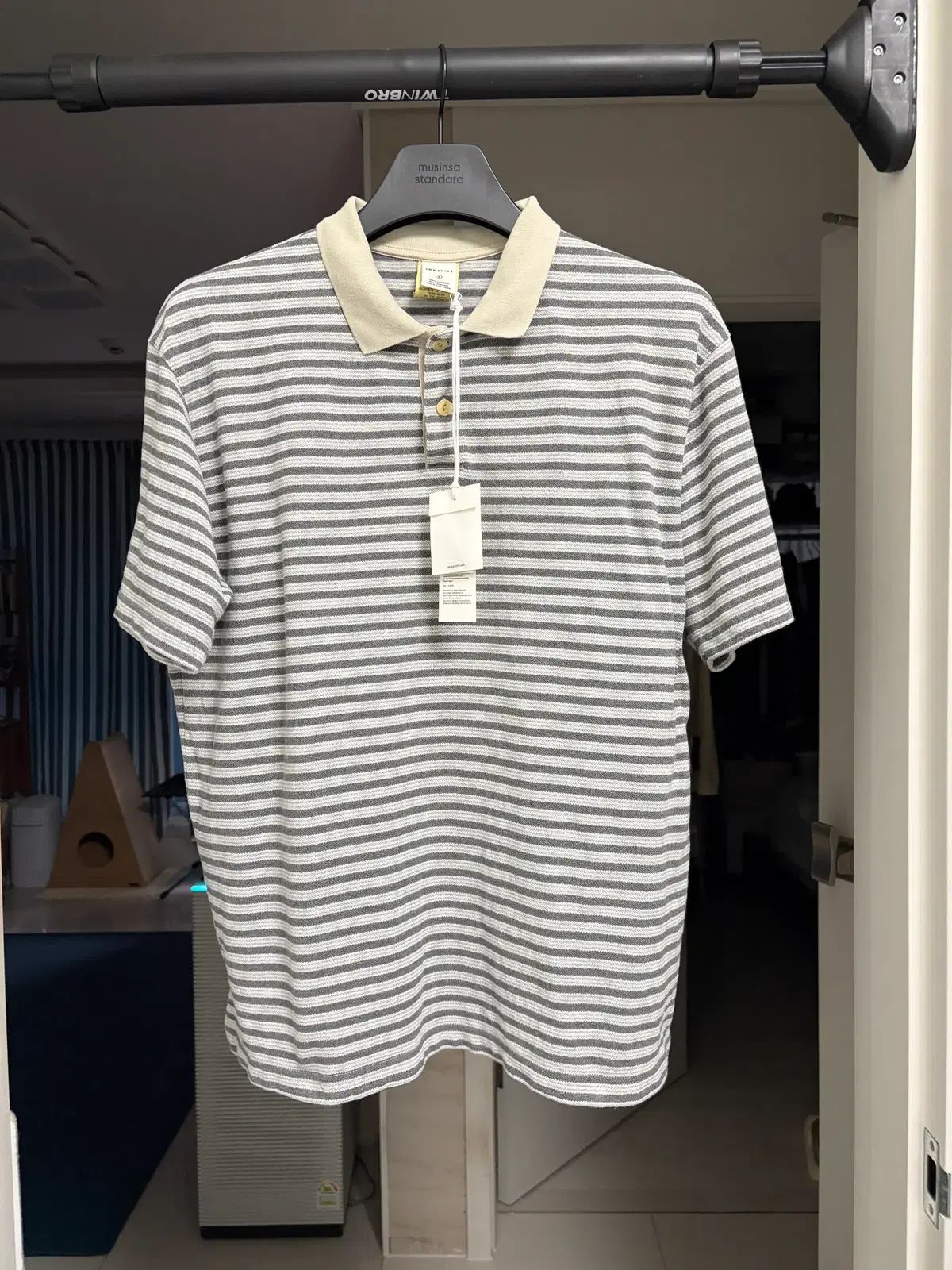 カーキ ストライプ ポロ Tシャツ グレー