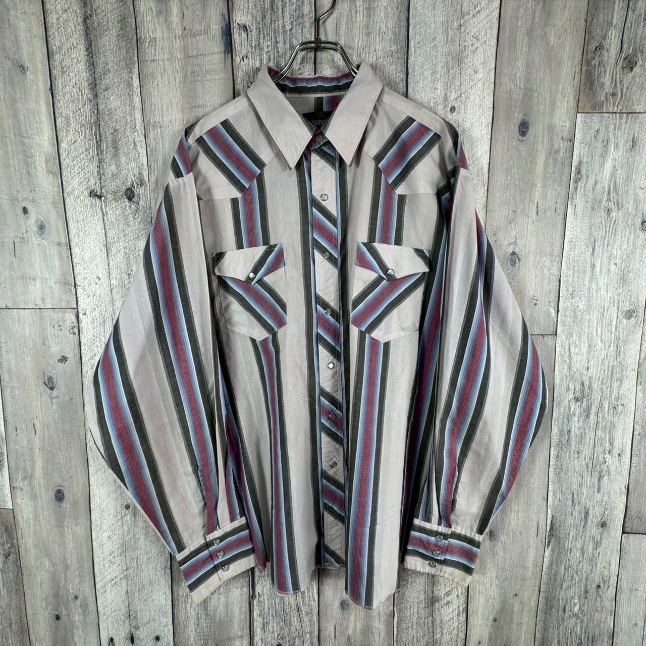 OLD Wrangler 90s ラングラー WESTERN SHIRTS ブラック × レッド × イエロー 長袖 ストライプ ウエスタン コットン シャツ メンズ XL サイズ