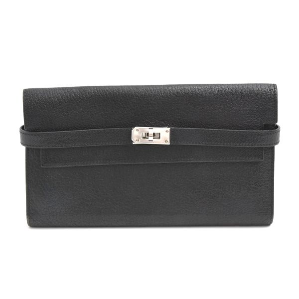 エルメス 財布 レディース ケリーウォレット ロング 長財布 ヴォーエプソン □L刻印 シルバー金具 ブラック HERMES 中古