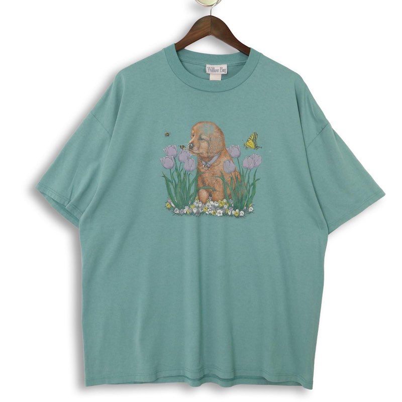 メンズUS-XXLサイズ 90's USA製 Willow Bay 半袖プリントTシャツ 子犬 チューリップ 蝶々 蜜蜂 グリーングレー ビンテージ hsc-1163n