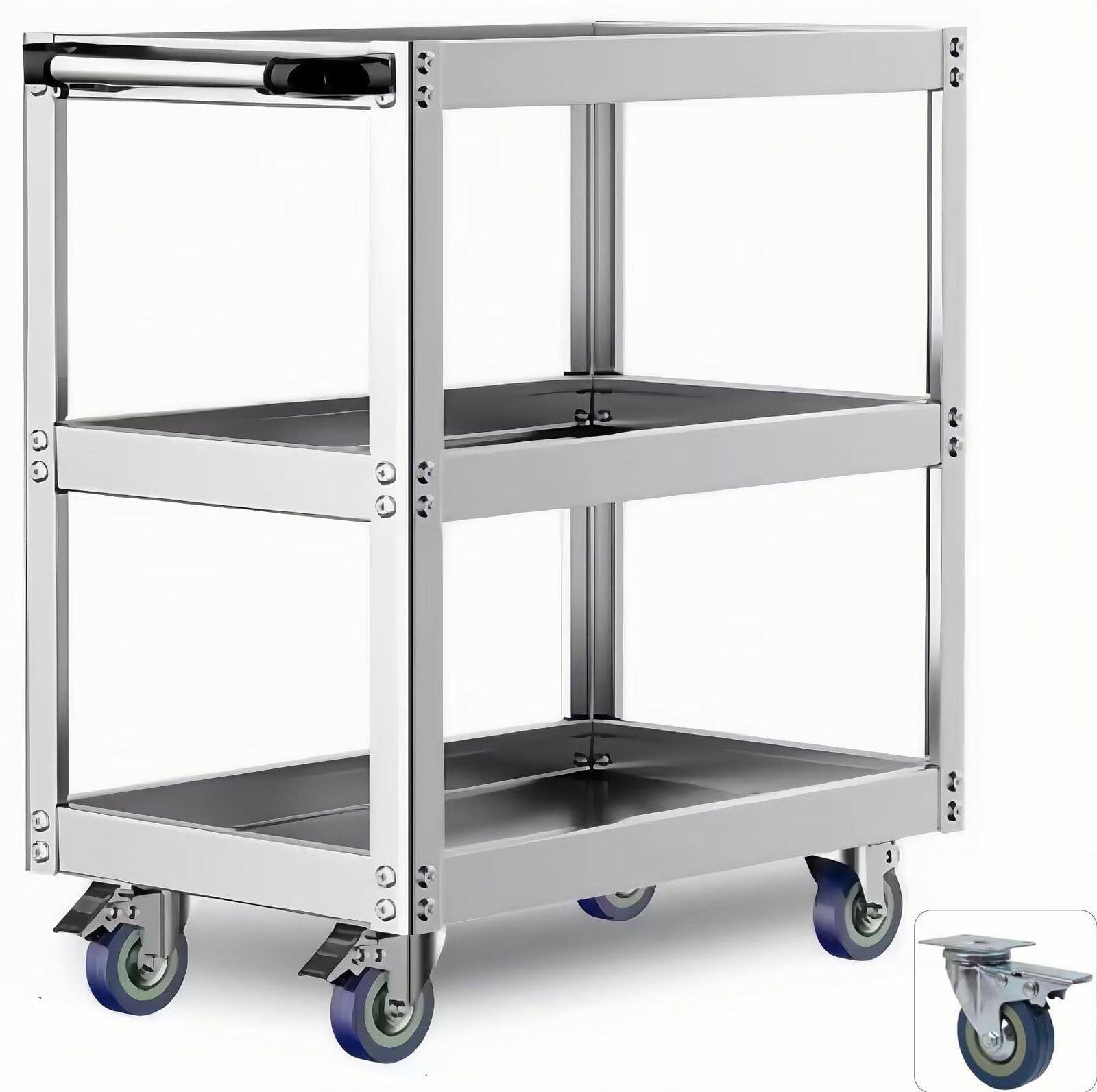 ステンレス製ツールカート 工具カート 3段【耐荷重200kg】工具ワゴン 整備用ワゴン キャスター付き DIY ツール台車 3インチブレーキホイール 収納 運搬 厚み 作業 研究室 ガレージ 倉庫 修理工場用 (シルバー,67*37*80.3 28151e38