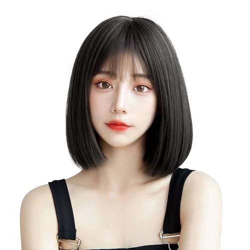 FINGOOO ウィッグ ボブ ショート ストレート 黒髪 フルウィッグ カツラ かつら wig 女性 女装 ロリータ コスプレ 小顔 自然 耐熱 人工毛 ネット付き (ボブショート ブラック)pms a93cf456