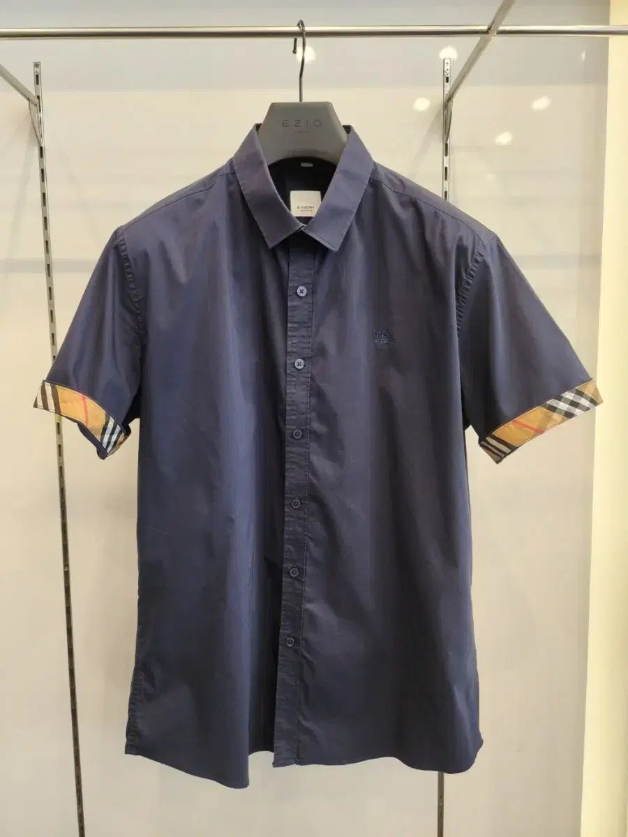 バーバリー ネイビー 半袖 シャツ チェック カフス XL
