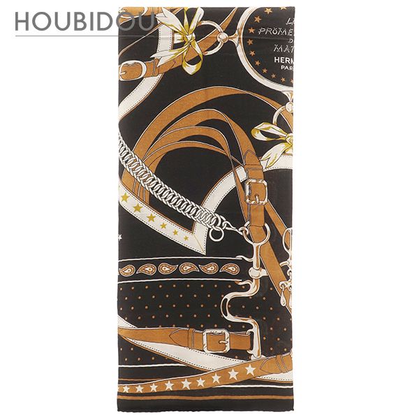 エルメス Hermes ストール カレ140 カレジェアン カシミヤ シルク ブラック×ノアゼット×ゴールド 【LA PROMENADE DU MATIN/朝の散歩】 【箱】【中古】