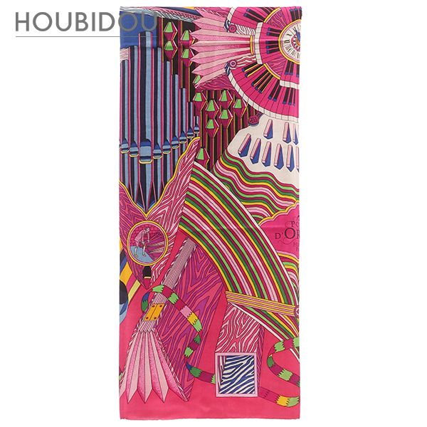 エルメス Hermes ストール カレ140 カレジェアン カシミヤ シルク ピンク×マルチカラー 【POINT D ORGUE/フェルマータ】 【箱】【中古】
