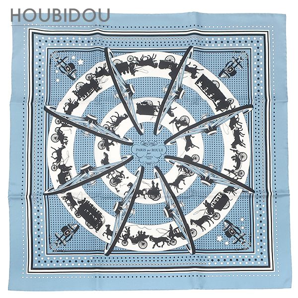 エルメス Hermes スカーフ カレ55 シルク ブルージーン×ホワイト×ブラック 新品 未使用 【PARIS QUI ROULE/車輪でめぐるパリ】 【箱】【中古】