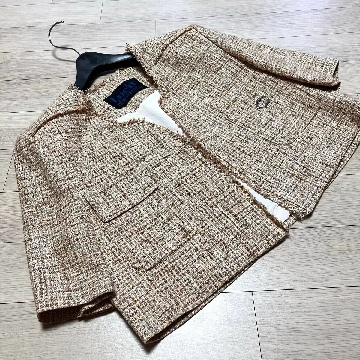 22年 LUCKY CHOUETTE ラッキーシュエトゥ チェック ツイード 半袖 ジャケット ノーカラー オープン ショート クロップド ベージュ 夏 5分 ゲストルック