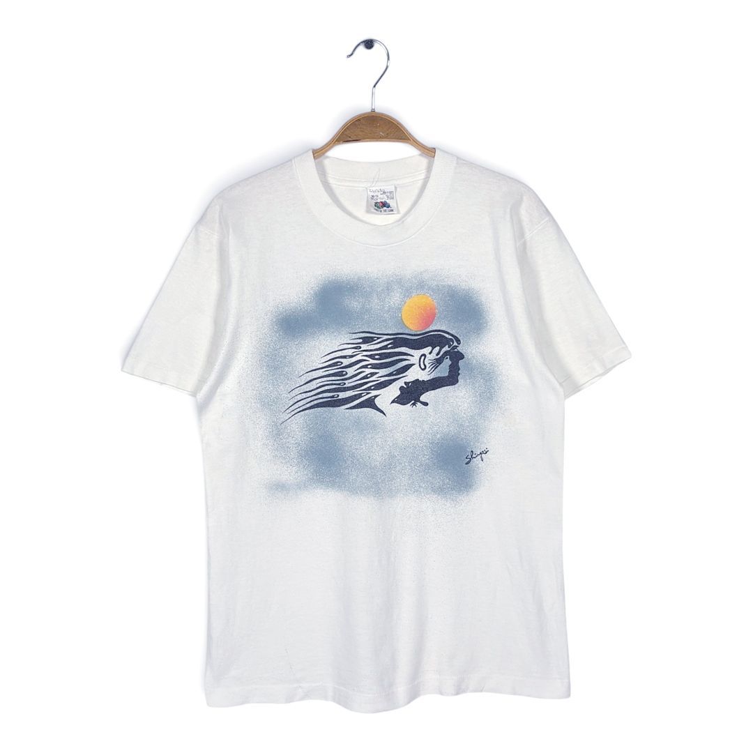 80s だまし絵 アートT カナダ製 ヴィンテージ Tシャツ グラフィックT ホワイト シングルステッチ フルーツオブザルーム サイズM 古着 BZ0568