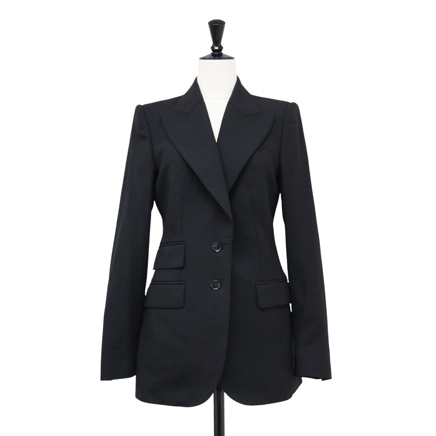 DOLCE&GABBANA ドルチェ&ガッバーナ ジャケット ブラック 黒 サイズ:38(M) | 2B テーラードジャケット / センターベント スリム 裏地レオパード柄 肩パッド ステッチ ウール | イタリア製【レディース】【中古】