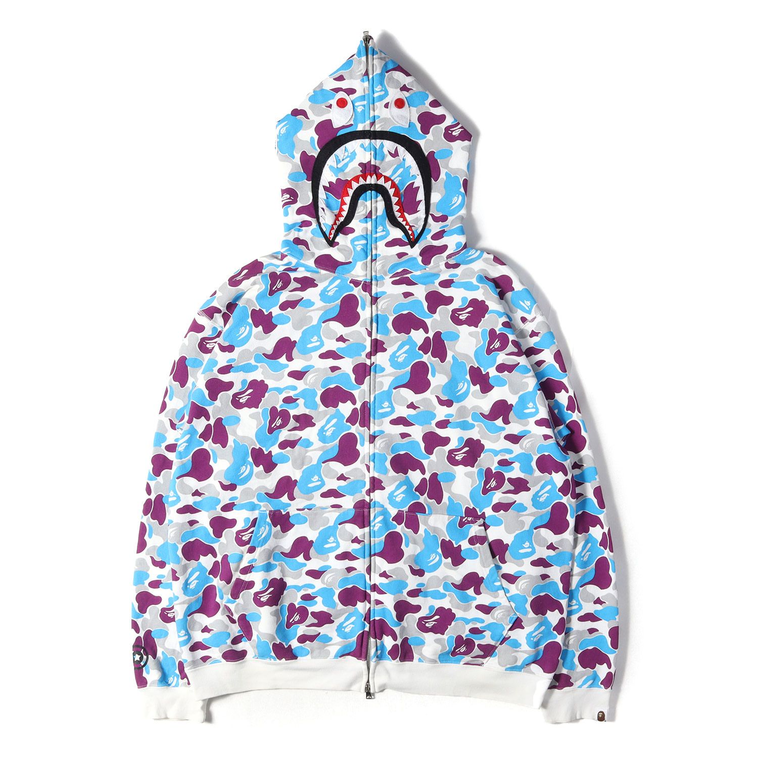 A BATHING APE ア ベイシング エイプ パーカー ホワイト ブルー パープル サイズ:XL | 00s 都市限定シリーズ 横浜限定 猿迷彩 カモ フルジップ シャークパーカー | 00年代 アーカイブ | トップス フーディー【メンズ】【中古】