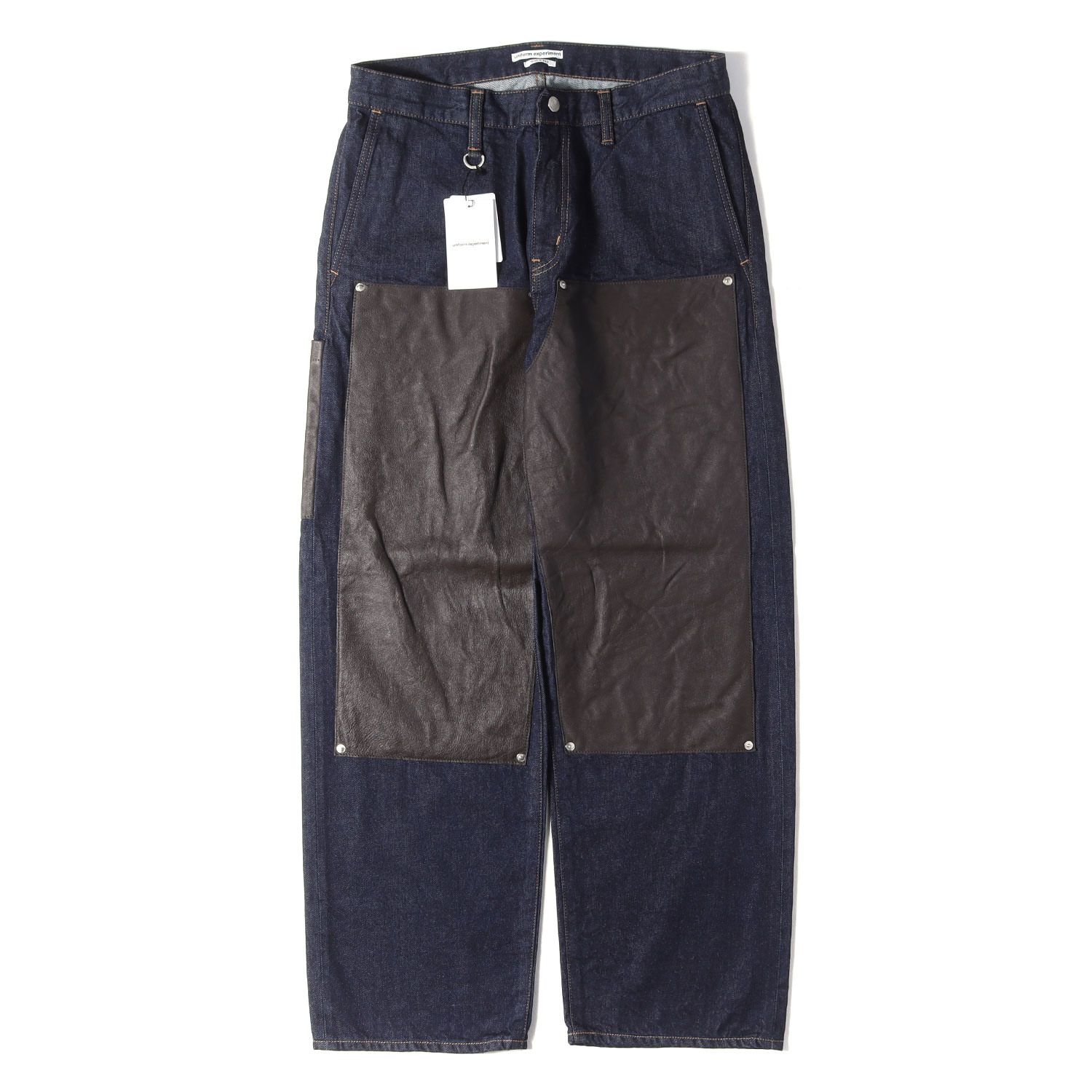 【新品】UNIFORM EXPERIMENT ユニフォームエクスペリメント パンツ インディゴ ブラウン サイズ:2 | 26SS レザーダブルニー デニム ペインターパンツ LEATHER DOUBLE KNEE DENIM PAINTER PANTS