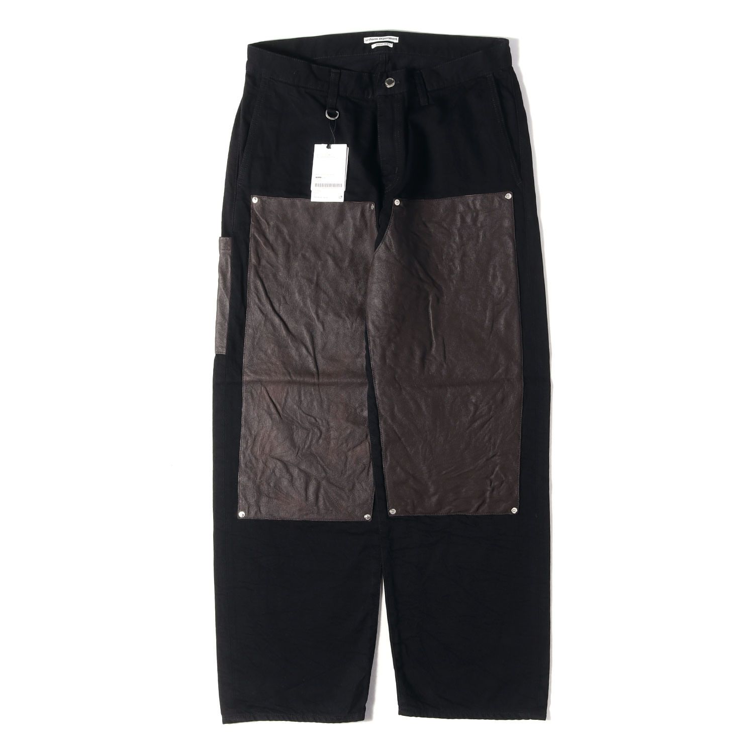 【新品】UNIFORM EXPERIMENT ユニフォームエクスペリメント パンツ ブラック ブラウン サイズ:3 | 26SS レザーダブルニー デニム ペインターパンツ(LEATHER DOUBLE KNEE DENIM PAINTER PANTS)