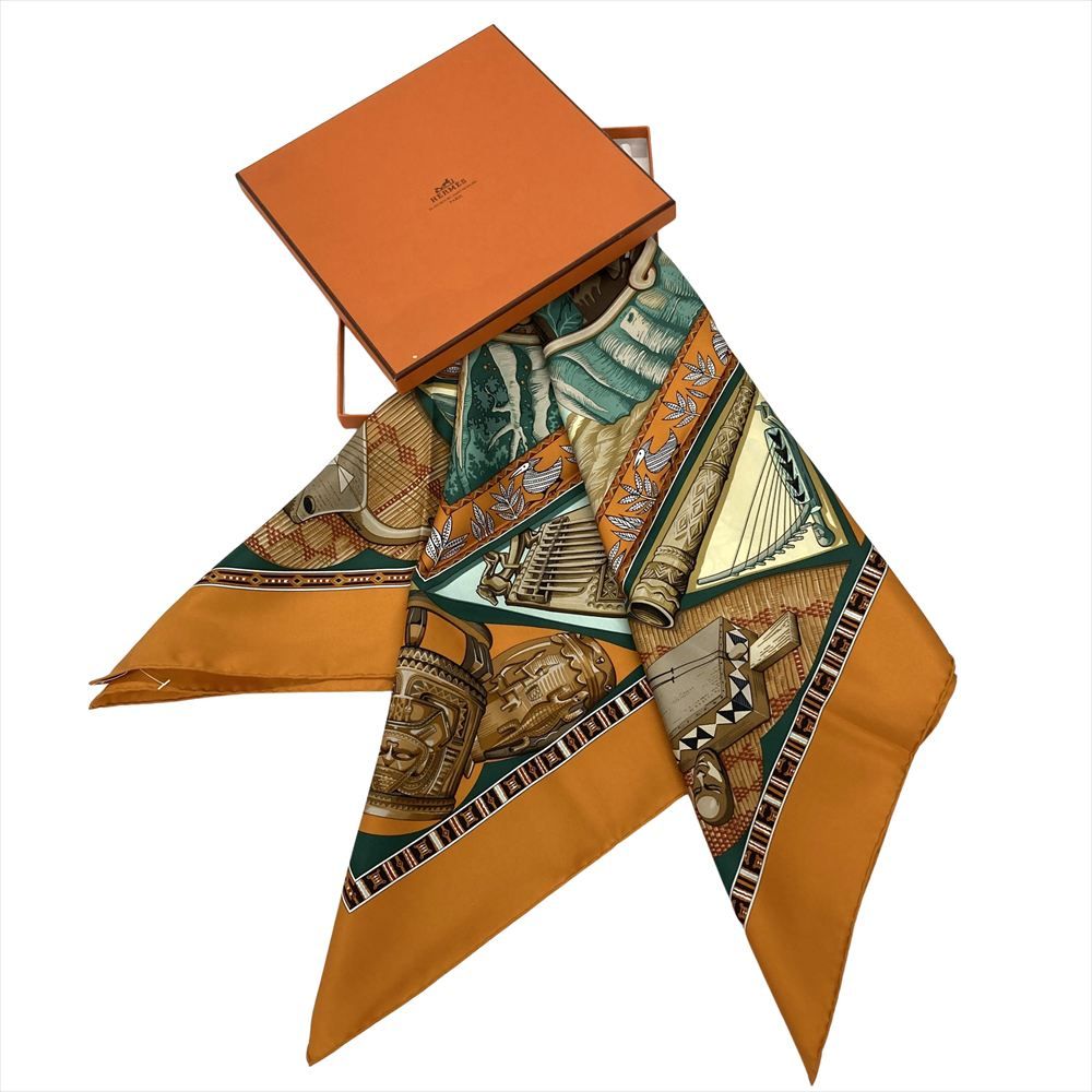 エルメス HERMES カレ90 Au son du Taｍ-Taｍ スカーフ シルク オレンジ ユニセックス【中古】
