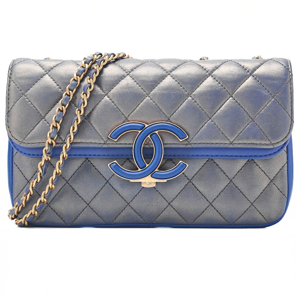 CHANEL シャネル 　チェーンショルダーバッグ　 マトラッセ　デカココ　ダブルストレートフラップ　ラムスキン　ネイビー　ゴールド金具 レディース【中古】【送料無料】 220,000円