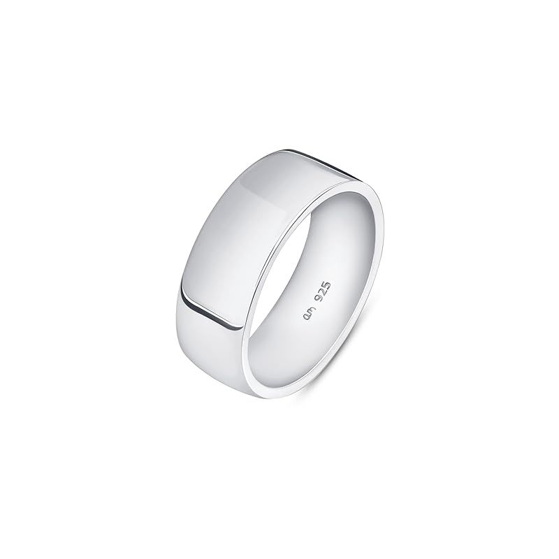 [Amberta] ソリッド 925 スターリングシルバー ゴールドメッキ メンズ 結婚指輪バンド | 幅5 6 8mm サムコートシェイプ ポリッシュ仕上げ シルバーリング メンズ用: シルバー 8mm - サイズ 23.5