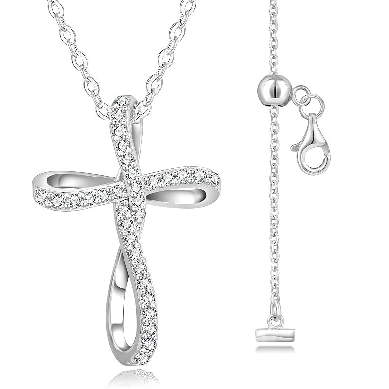 KRKC&CO 十字架ネックレス レディース モアサナイト誕生日プレゼント女性 リボンモチーフ クロスペンダントネックレス 華奢 インフィニティ シルバー925 金属アレルギー対応 チェーンの長さ調整可能 ギフトボックス付 1