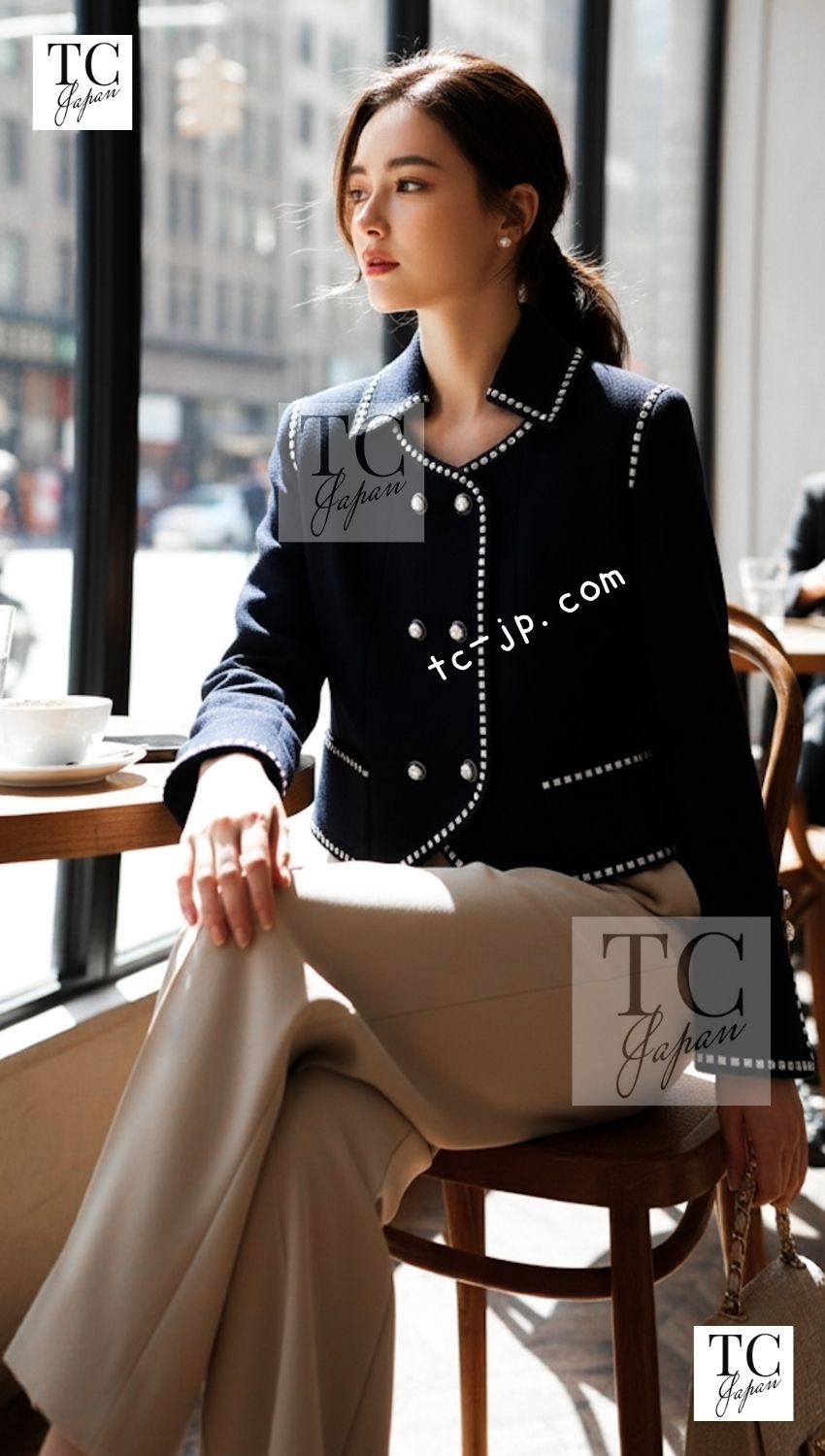 シャネル ヴィンテージ スーツ CHANEL ネイビー アイボリー カメリア ボタン ジャケット スカート カール・ラガーフェルド 貴重 超美品 38