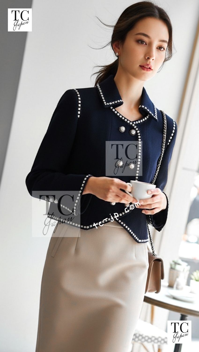 シャネル ヴィンテージ スーツ CHANEL ネイビー アイボリー カメリア ボタン ジャケット スカート カール・ラガーフェルド 貴重 超美品 38
