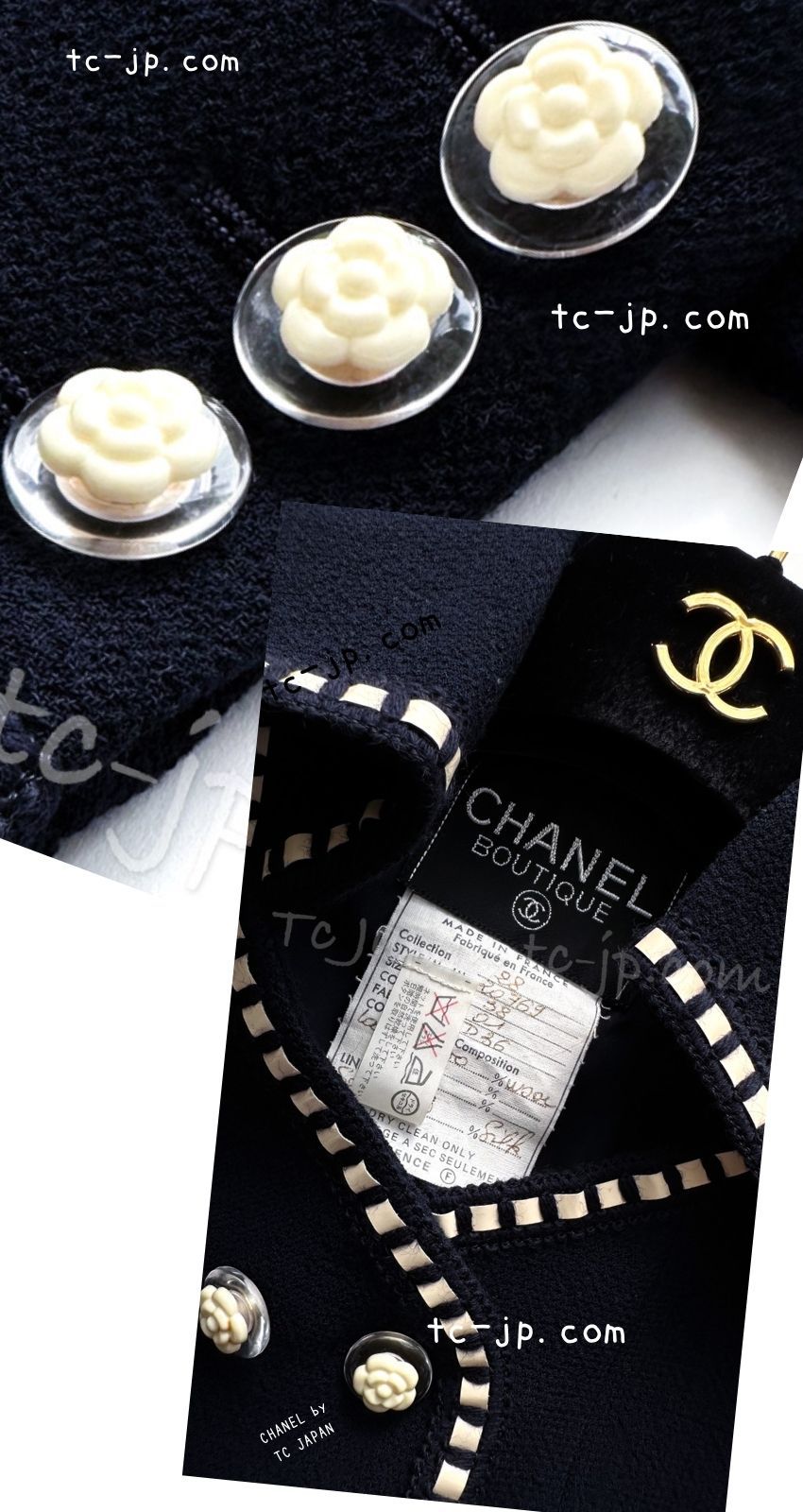 シャネル ヴィンテージ スーツ CHANEL ネイビー アイボリー カメリア ボタン ジャケット スカート カール・ラガーフェルド 貴重 超美品 38