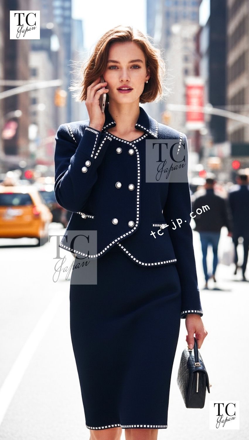 シャネル ヴィンテージ スーツ CHANEL ネイビー アイボリー カメリア ボタン ジャケット スカート カール・ラガーフェルド 貴重 超美品 38