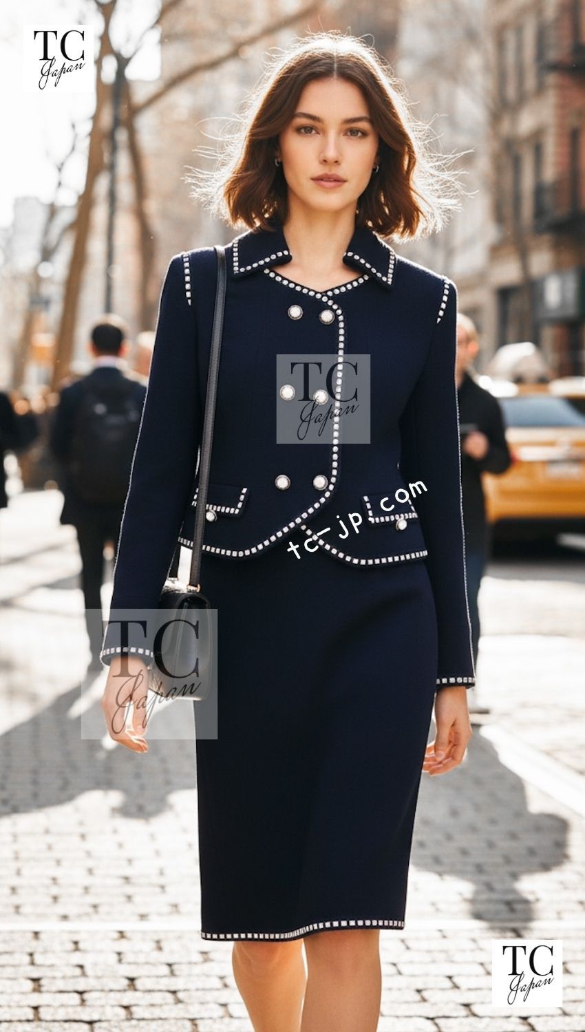 シャネル ヴィンテージ スーツ CHANEL ネイビー アイボリー カメリア ボタン ジャケット スカート カール・ラガーフェルド 貴重 超美品 38