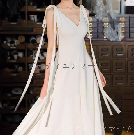 人気商品 ウエディングドレス ロングドレス リボン セクシー キャミ サテン エレガント ホワイト 結婚式 前撮り 二次会 お洒落 上品 大人 0754