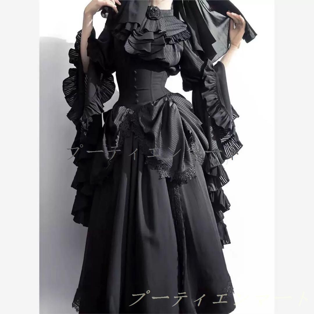 人気商品 ゴスロリ・ロリータ 黒いロリ ゴシック 姫袖シャツ 暗黒系 原宿系セットアップ