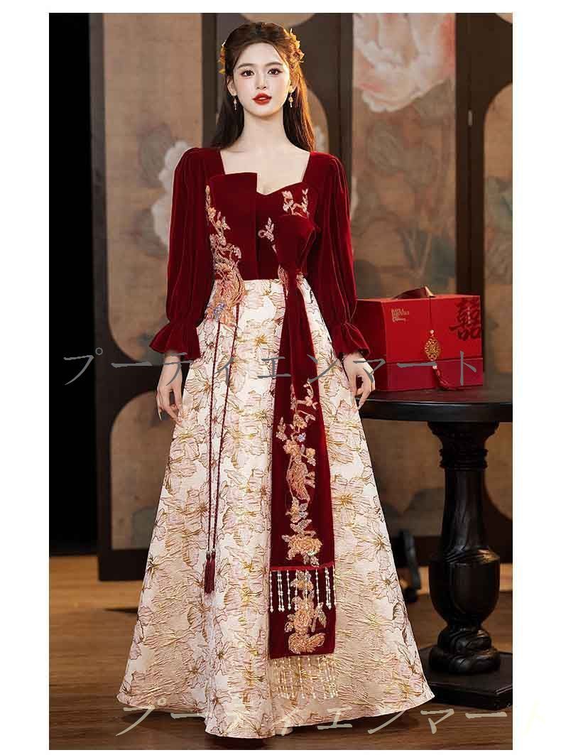 人気商品 チャイナドレス ロング丈 マキシ丈 チャイナ ドレス 中国風結婚式 花嫁ドレス 長袖 改良中華ドレス ワインレッド 前撮り 中国風 ウェディングドレス 中華服 チャイナ服 中華 舞台ステージ 衣装 ワインレッド