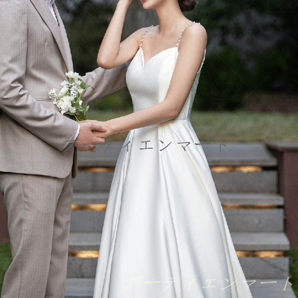 人気商品 二次会 花嫁 白 ワンピース ウエディングドレスマキシ丈 結婚式 ドレス サテン シンプル キャミソールタイプ パールストラップ エレガント 前撮り 披露宴 ロング丈 0622