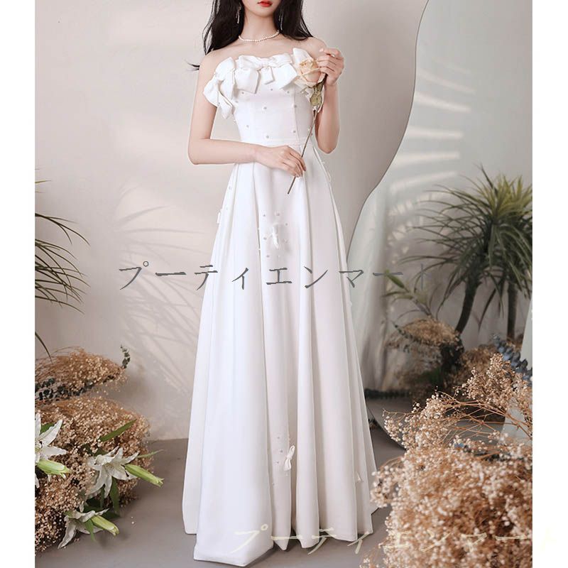 人気商品 ウェディングドレス 結婚式 二次会 ウエディングドレス ロング丈 エレガンス オフショルダー ドレス リボン パール 白 ワンピース パーティードレス 安い 韓国風 シンプル 0901
