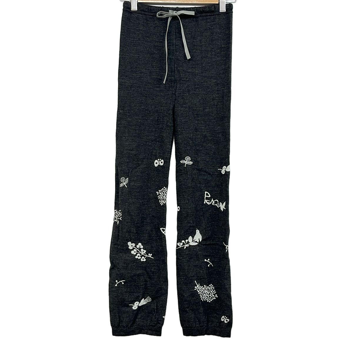 mina perhonen (mina)(ミナペルホネン) パンツ レディース美品 - ダークグレー×白 フルレングス/ウエストゴム/鳥/フラワー(花)