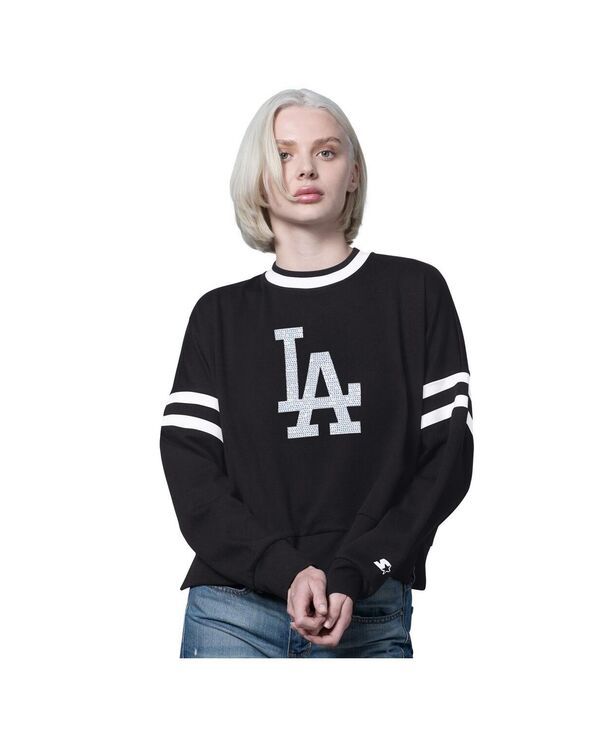スターター レディース アウター パーカー・スウェット クルーネック ドロップショルダー スウェット シャツ クロップド Starter Womens BlackCream Los Angeles Dodgers Rally Cropped Drop Shou