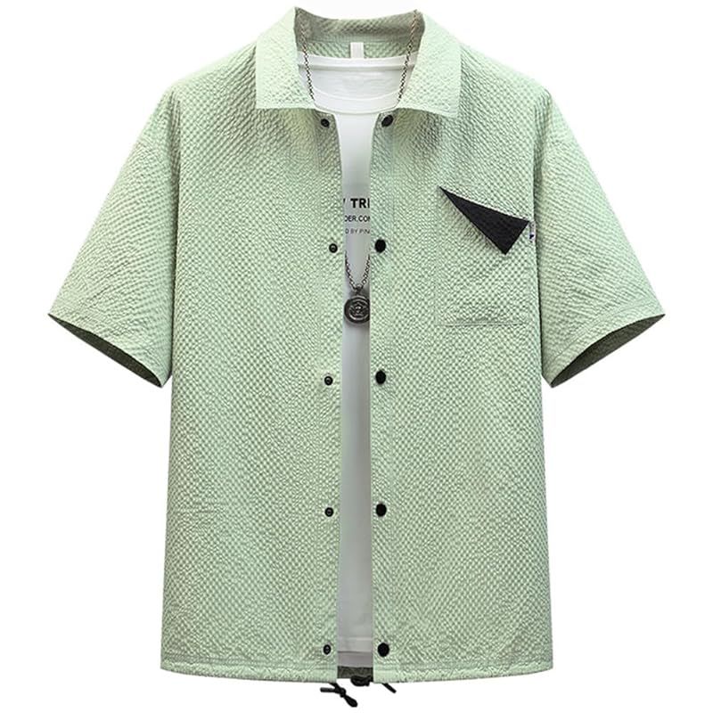【新品】 [FJLTDCP] シャツ メンズ 半袖 夏 薄手 ゆったり 無地 おしゃれワイシャツ 大きいサイズ夏服 メンズ 人気 無地 軽い 柔らメンズ シャツグレー-七分袖-guo-grenn-L