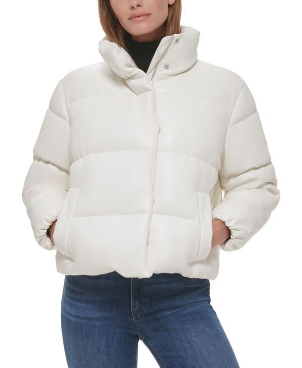 カルバンクライン レディース アウター ジャケット・ブルゾン レザー ジャケット Calvin Klein Womens Short FauxLeather Puffer Jacket Tofu