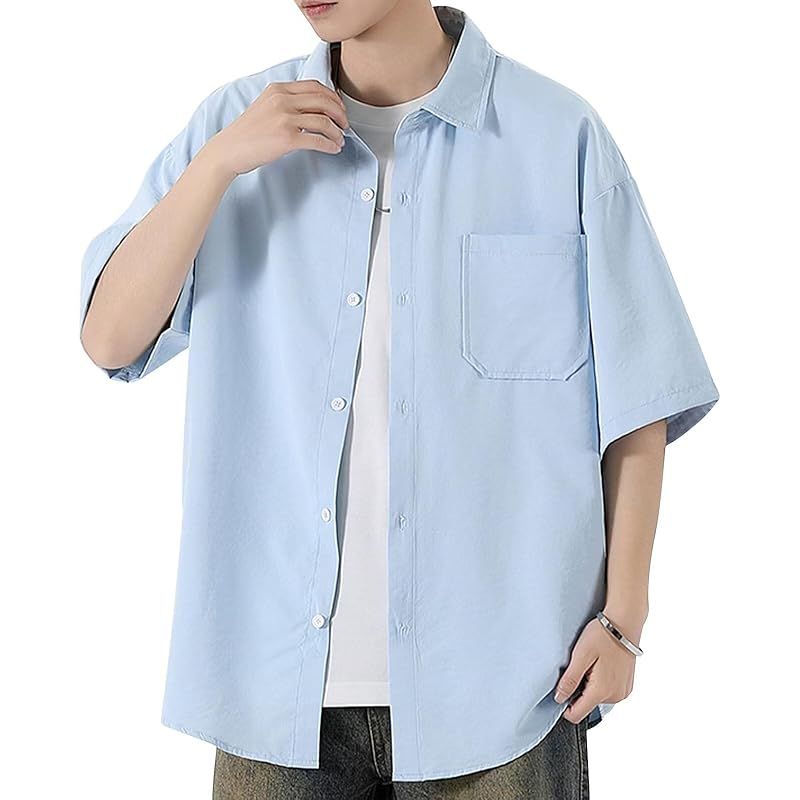 【新品】 [Bligo] 夏服 ビッグシルエット 薄手 シャツ メンズ 半袖 カジュアル 無地 ファッション 快適 ポケット付き シンプル 通気性 ゆったり 人気 速乾性 ドロップショルダー 汗ジミ防止 高校生 春秋 Blue-L 4,765円