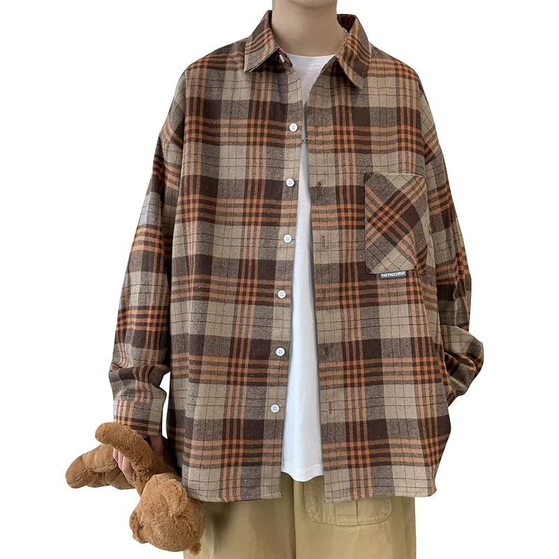 【新品】 [Bligo] メンズ 秋服 ロングスリーブ カジュアル チェック柄 無地 春用シャツ 普段着 シンプル 韓国ファッション 快適 軽い 柔らかい 胸ポケット 涼しい 通気性 速乾性 ビッグシルエット トップス Khaki-L
