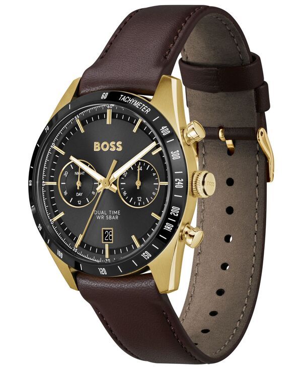ヒューゴボス メンズ アクセサリー 腕時計 Hugo Boss Mens Tourmaster Quartz Multifunction Brown Calfskin Watch 41mm Brown ブラウン