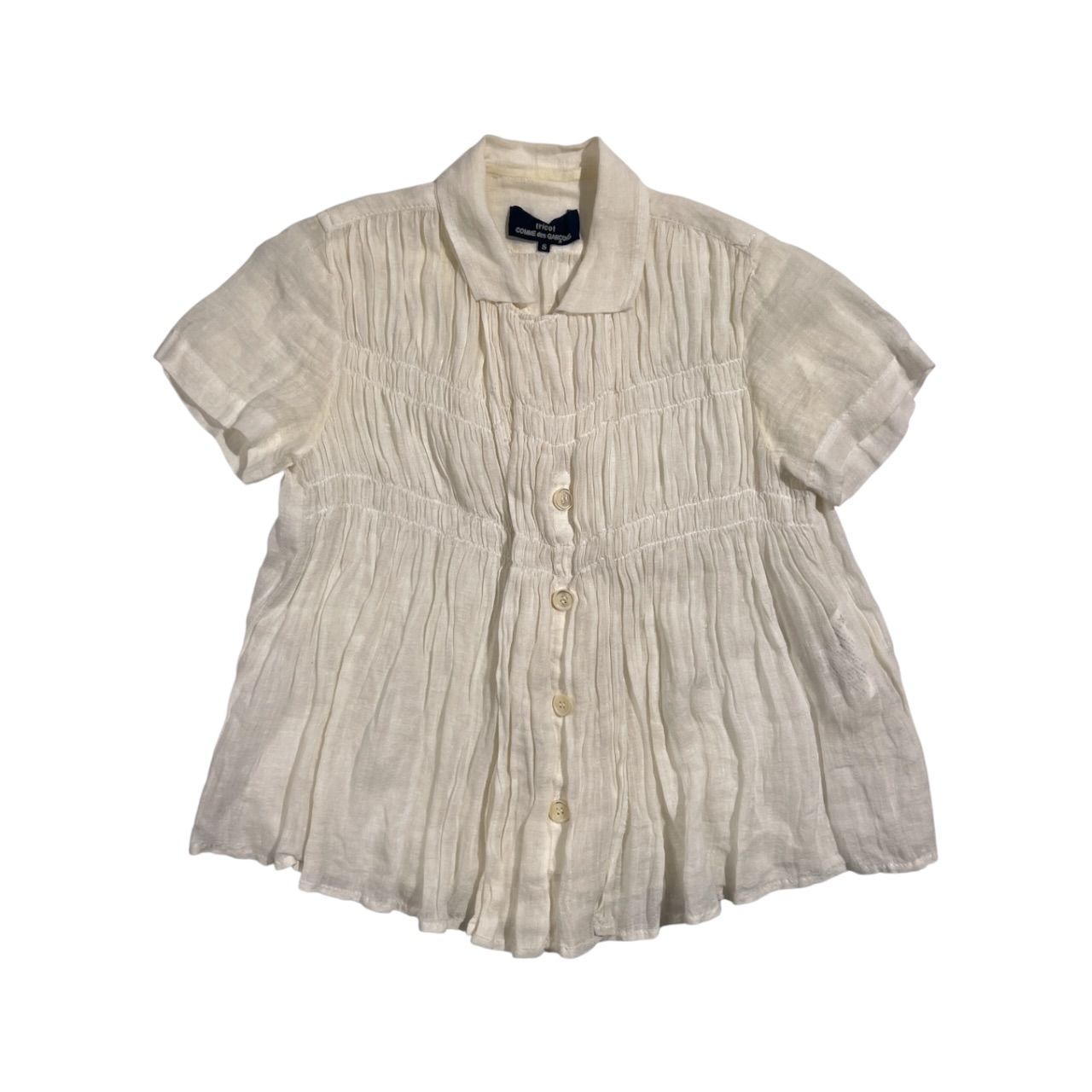 リネン100% tricot COMME des GARCONS トリココムデギャルソン シャーリング 半袖 シャツ ブラウス S/ホワイト レディース TK-B016 AD2012