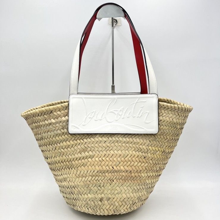 Christian Louboutin（クリスチャンルブタン）ロゴ エンボス かごバッグ トートバッグ ストローバッグ ホワイト レッド レディース【中古】