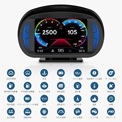 HUD ヘッドアップディスプレイタコメーター OBD2 + GPS デュアル互換システム マルチカーP2、切替可能なUSBポート タコメーター タイムスピード ターボ圧力 水温 燃料温度 電圧表示 疲労運転インジケータ付き警告機能(沖縄・離島 980f1113