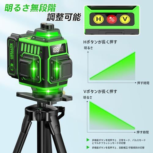 【2026年最新改良】Elikliv レーザー墨出し器 グリーンレーザー 4×360° 16ライン フルライン 水平器 電量表示LCD付き 高輝度・高精度 自動補正 小型・軽量 受光器対応 リモコン操作対応 360°回転金属ベース＆三脚・大容 0a4689e9
