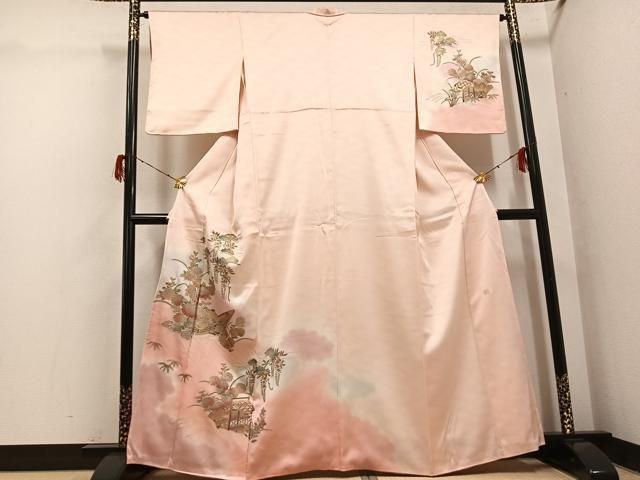 平和屋着物●訪問着　作家物　草花舟文　暈し染め　金銀彩　正絹　逸品　AABH3083ph