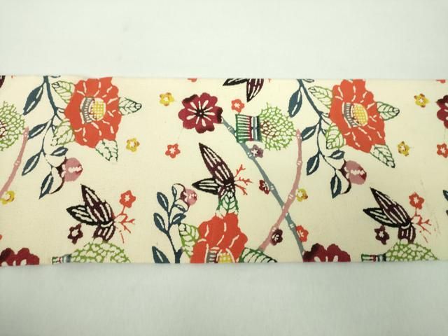 平和屋着物●九寸名古屋帯 紅型 枝椿 お召縮緬 正絹 逸品 DABD1712ps 平和屋着物●九寸名古屋帯 紅型 枝椿 お召縮緬 正絹 逸品 DABD1712ps