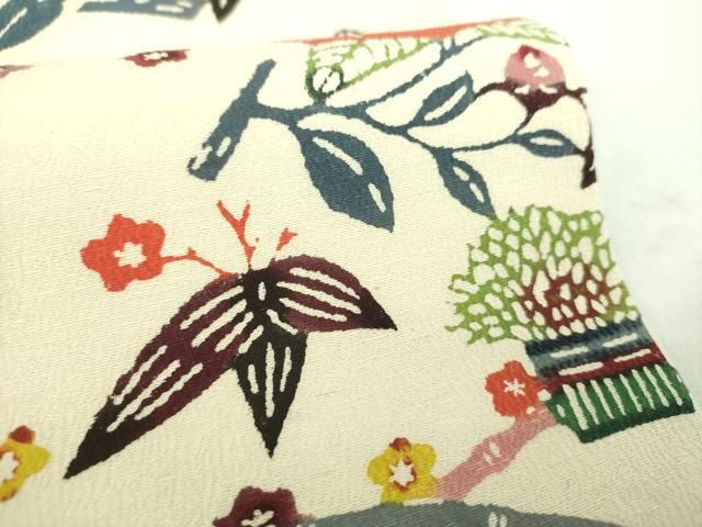平和屋着物●九寸名古屋帯 紅型 枝椿 お召縮緬 正絹 逸品 DABD1712ps 平和屋着物●九寸名古屋帯 紅型 枝椿 お召縮緬 正絹 逸品 DABD1712ps