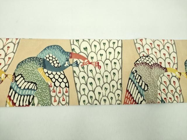 平和屋着物●九寸名古屋帯　紅型　孔雀文　お召縮緬　正絹　逸品　DABD1713ps