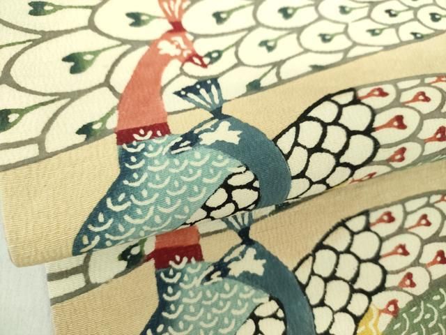 平和屋着物●九寸名古屋帯　紅型　孔雀文　お召縮緬　正絹　逸品　DABD1713ps