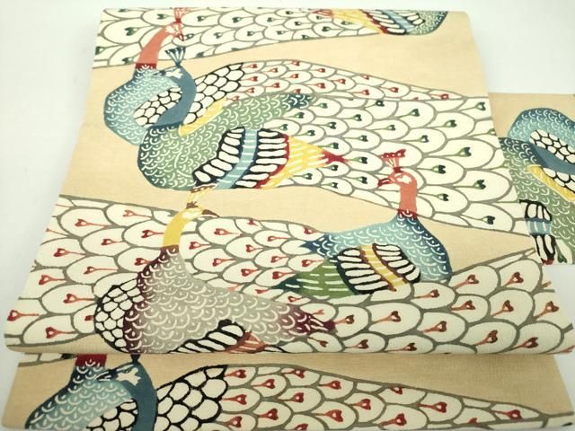 平和屋着物●九寸名古屋帯　紅型　孔雀文　お召縮緬　正絹　逸品　DABD1713ps