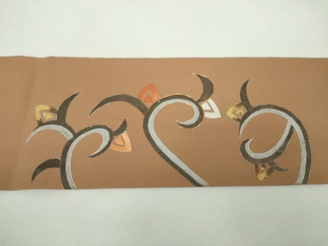 平和屋着物●塩瀬　九寸名古屋帯　駒刺繍　花唐草文　金銀彩　正絹　逸品　DABD1714ps