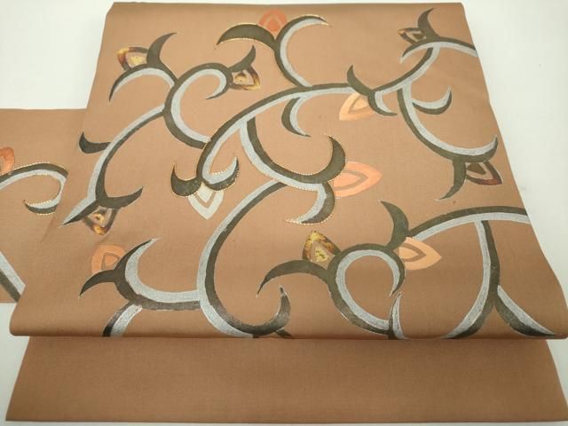 平和屋着物●塩瀬　九寸名古屋帯　駒刺繍　花唐草文　金銀彩　正絹　逸品　DABD1714ps