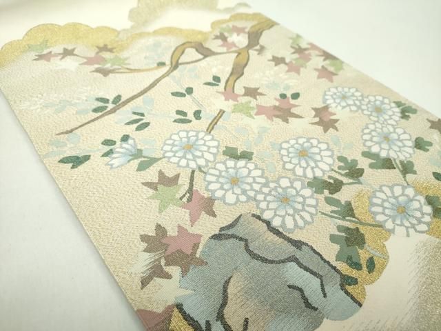 平和屋着物●爪掻き本綴れ　八寸名古屋帯　雲取り花文　金糸　正絹　逸品　DABD1717ps